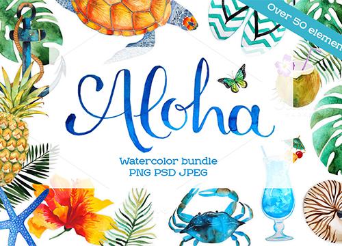 Aloha — набор из 50 акварельных элементов